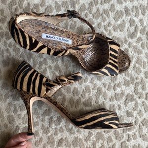 Manolo Blahnik Snakeskin & Zebra Print Cowhide Heels with Ankle Strap, size 40.